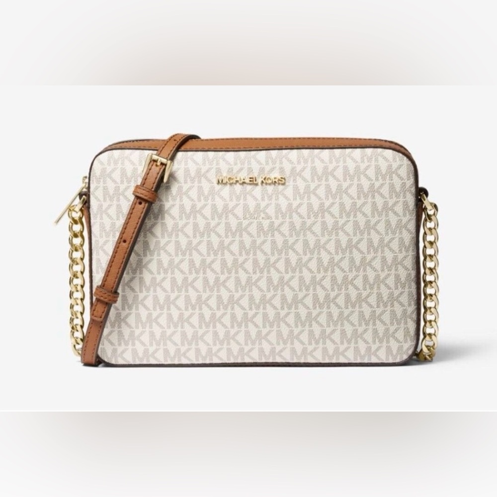 Michael Kors Cream Signature Canvas Crossbody with Tan Trim